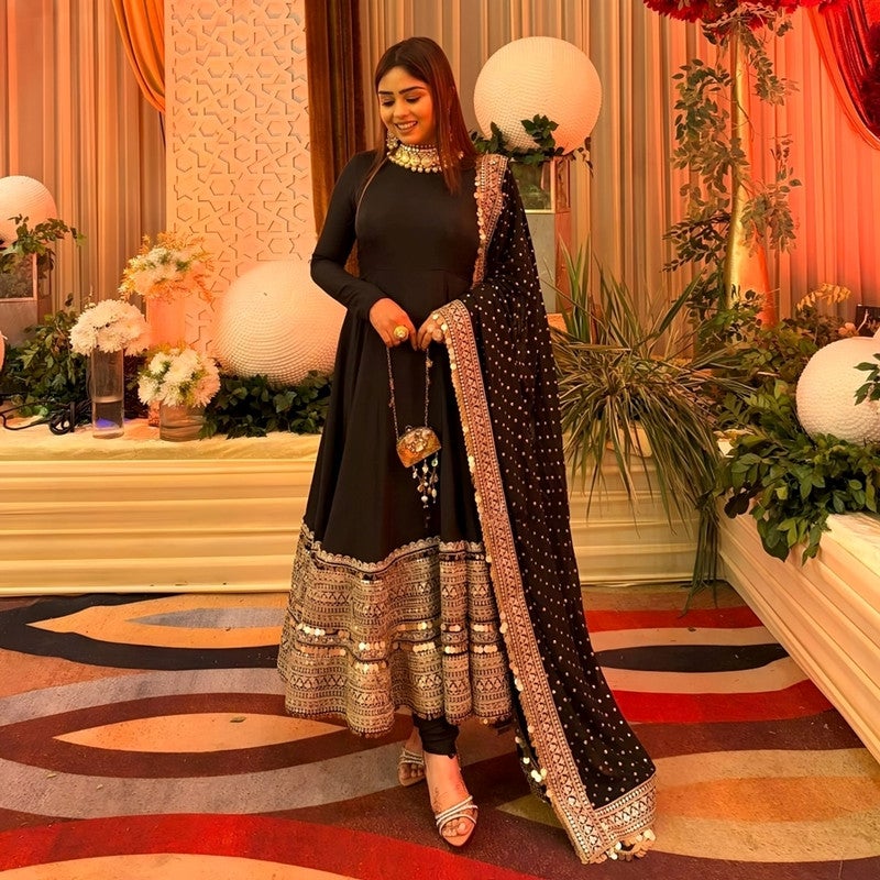 Malishka Export Black Embroidered Anarkali Kurta With Dupatta for Women - Image 2